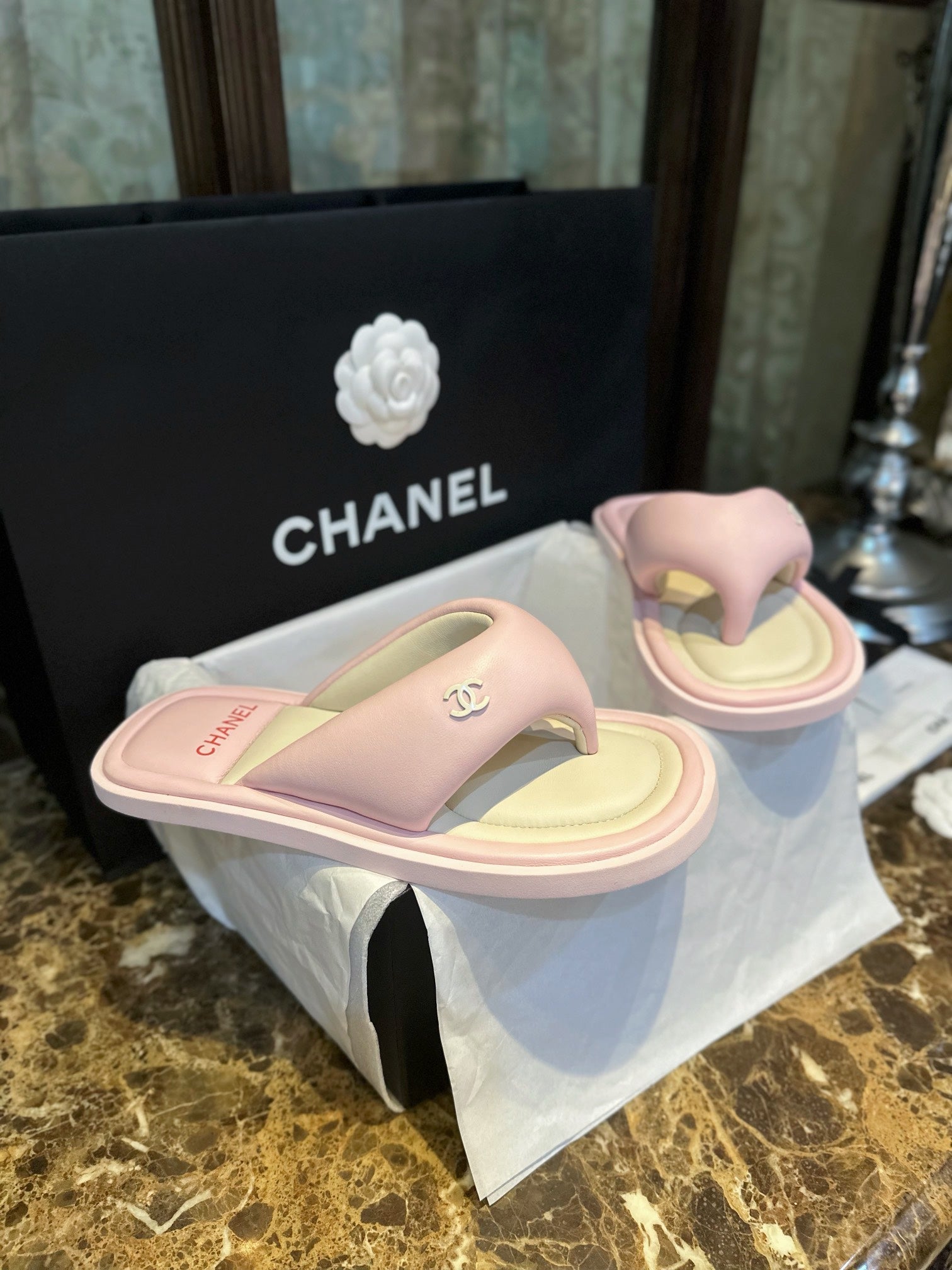 Chanel Pink CC Padded Pool Thong Sandals