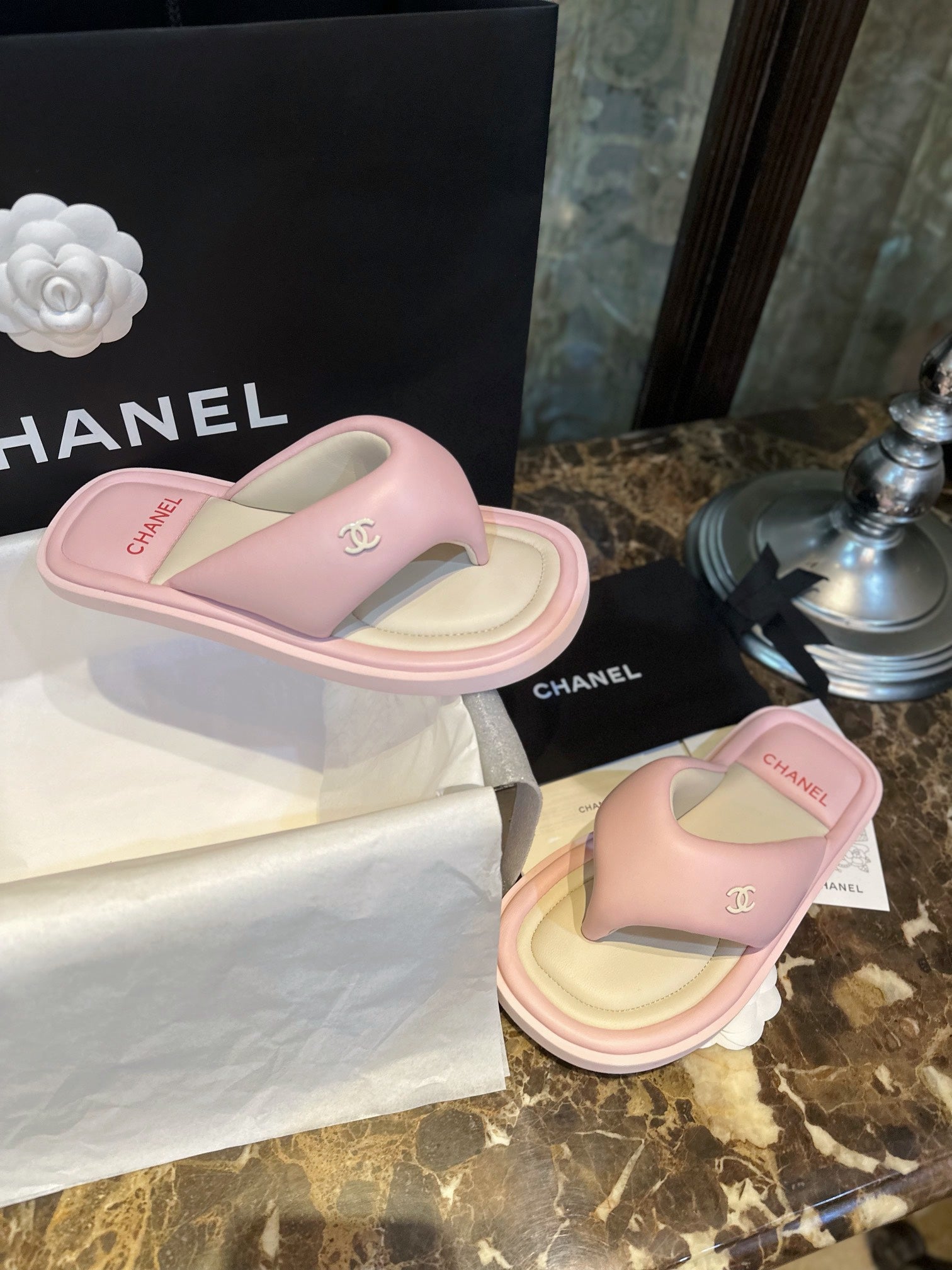 Chanel Pink CC Padded Pool Thong Sandals