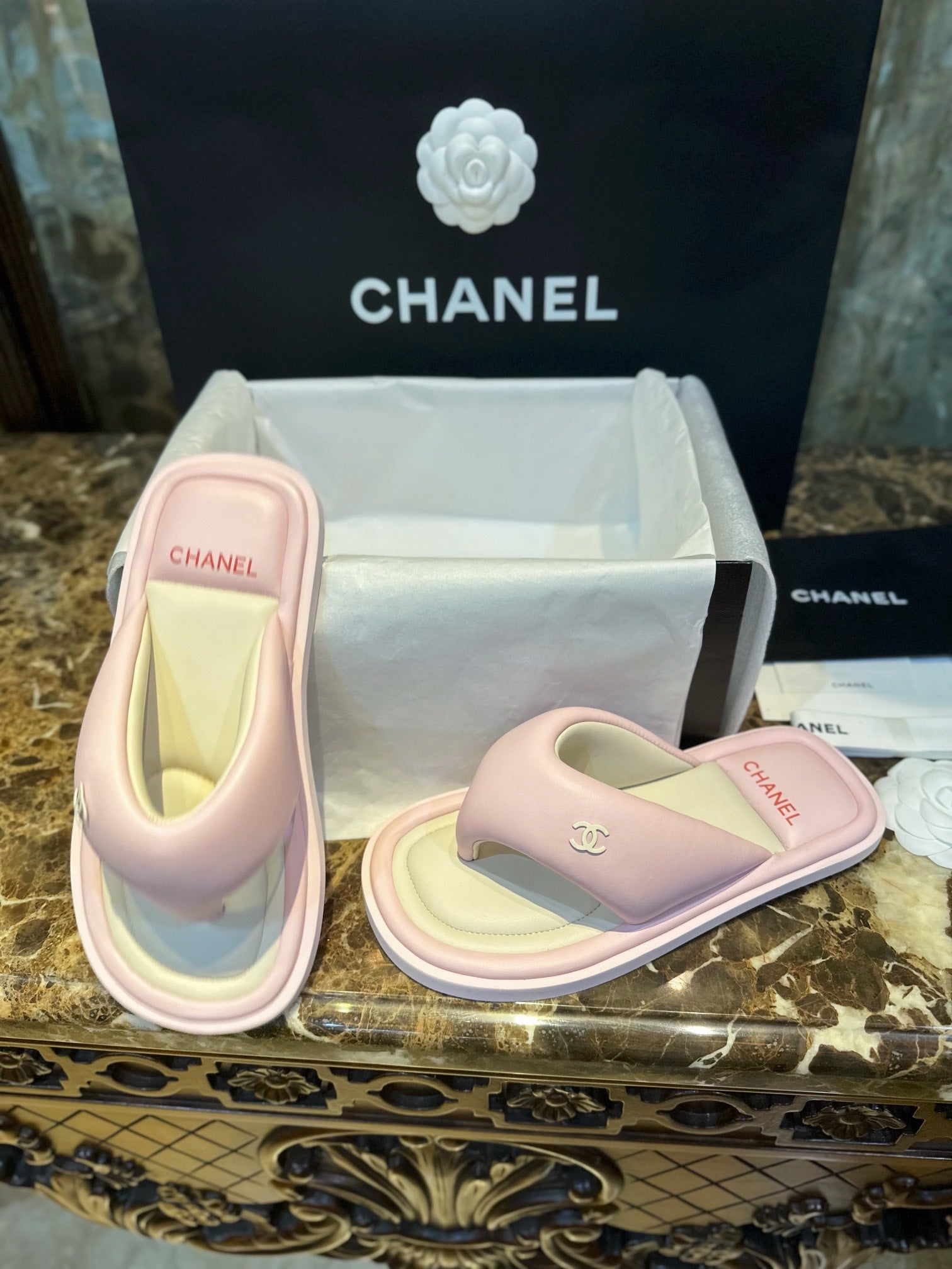 Chanel Pink CC Padded Pool Thong Sandals