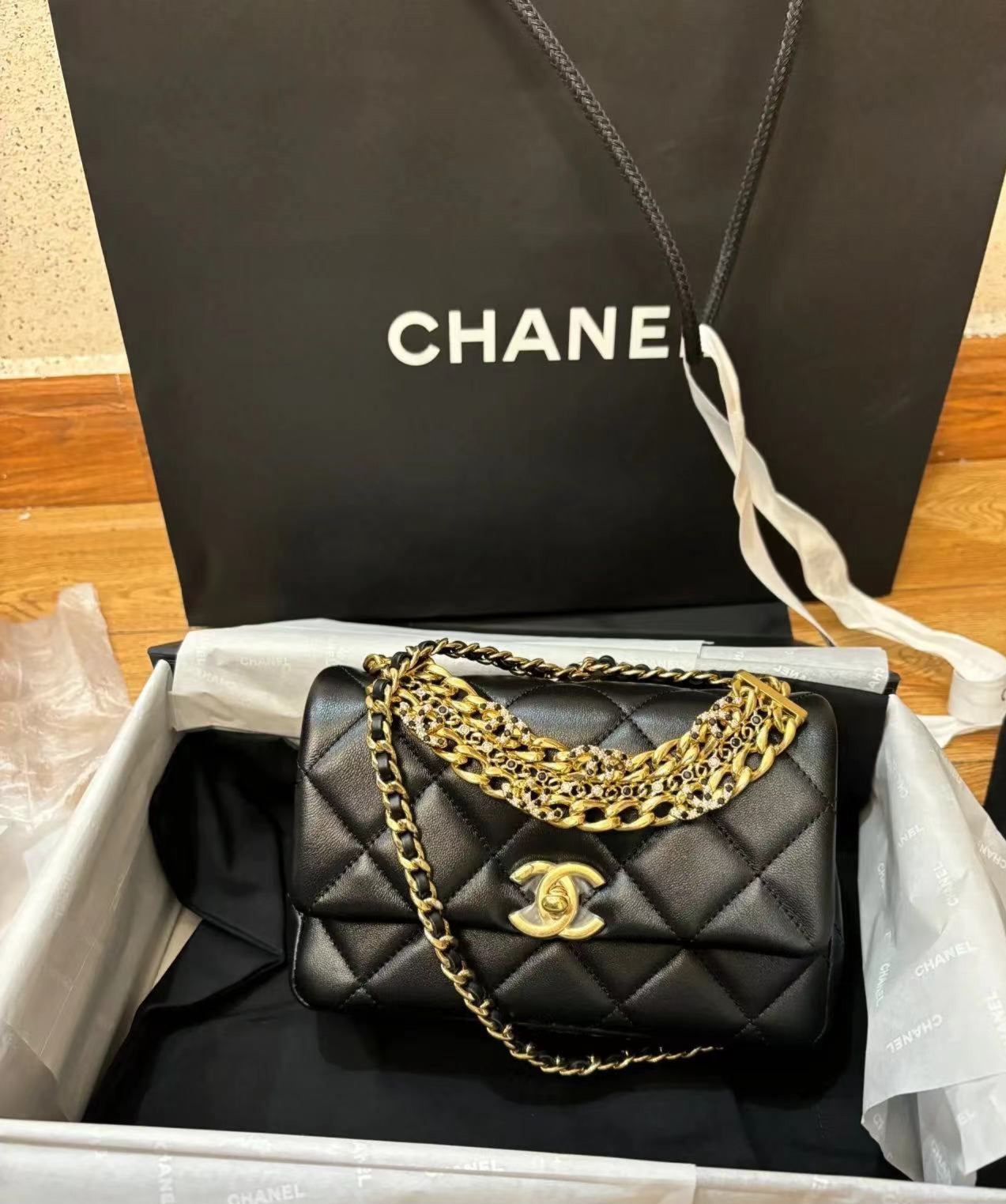 Chanel  Lambskin Quilted Multiple Chain Flap Black