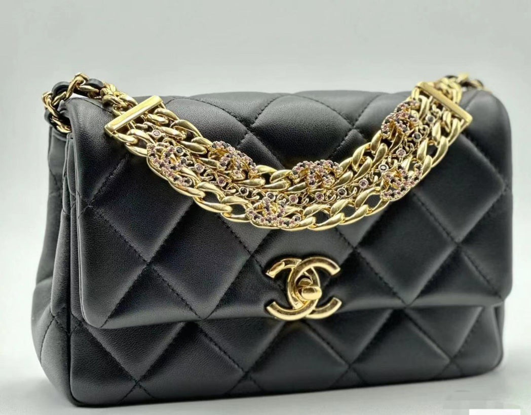 Chanel  Lambskin Quilted Multiple Chain Flap Black