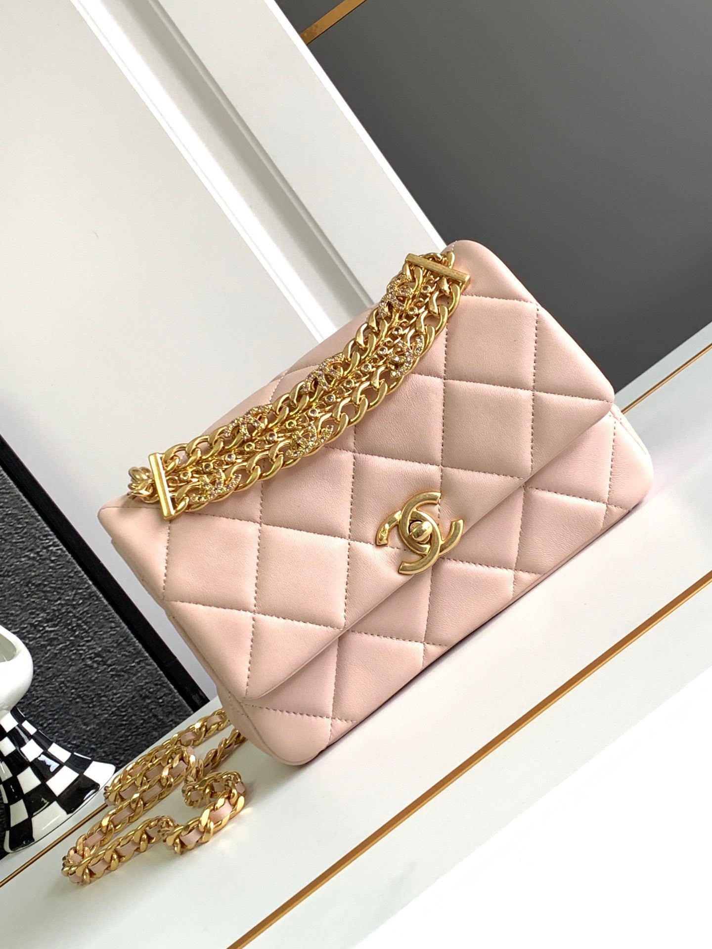 Chanel  Lambskin Quilted Multiple Chain Flap Black