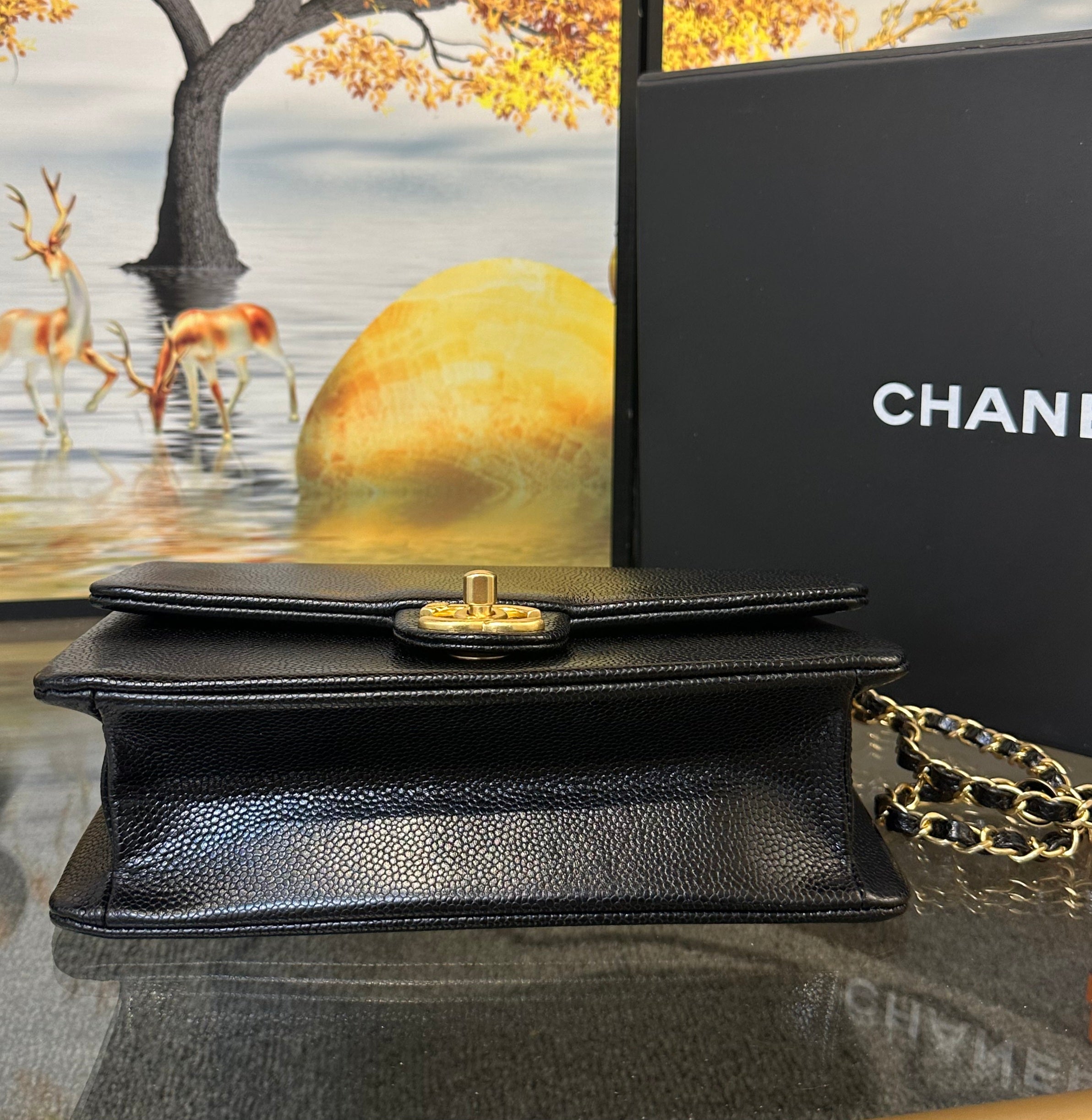 CHANEL Classic Pure Caviar Medium Double Flap Leather Shoulder Bag Black