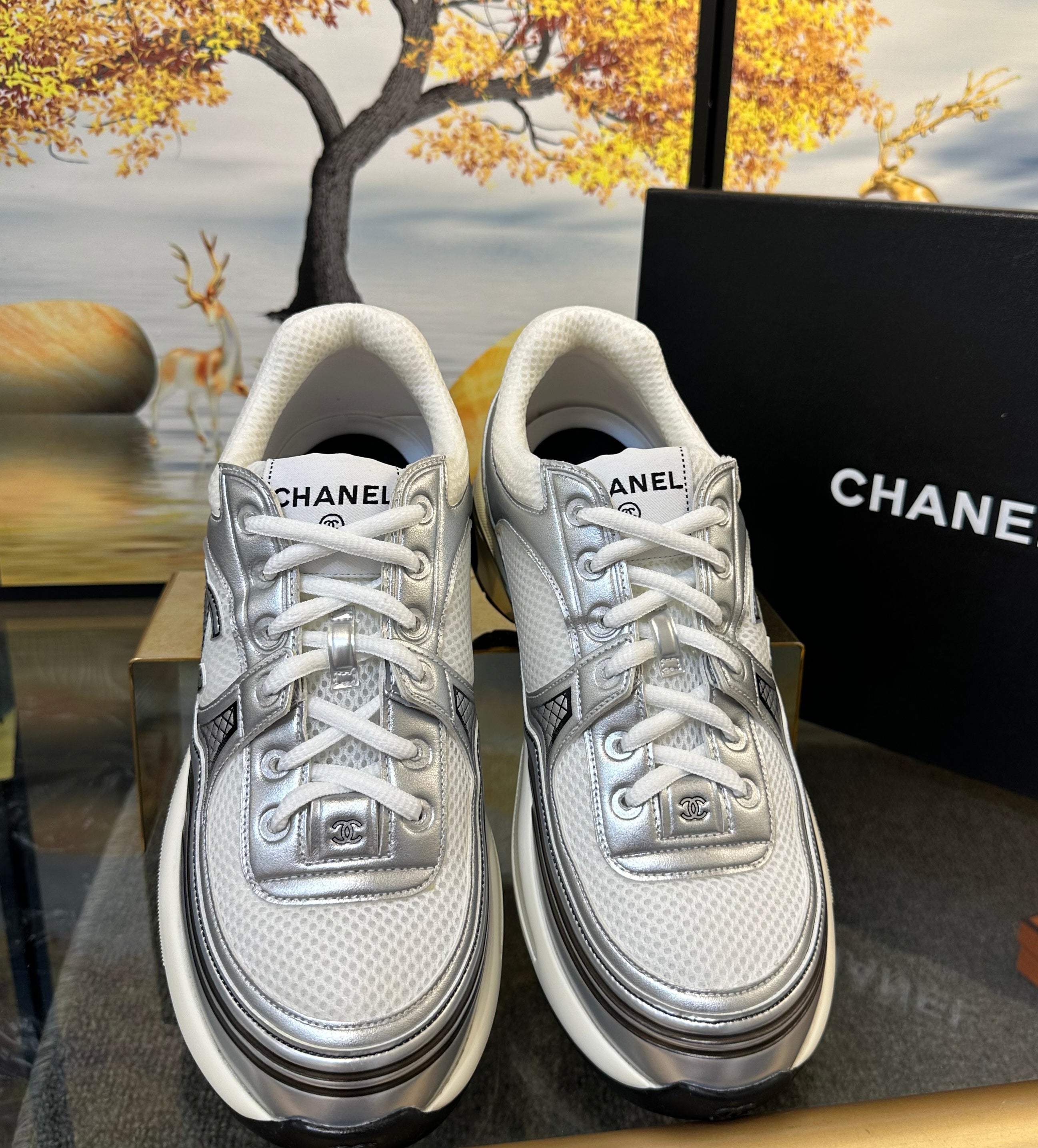 Chanel CC Logo Metallic Trainer (White/Silver)