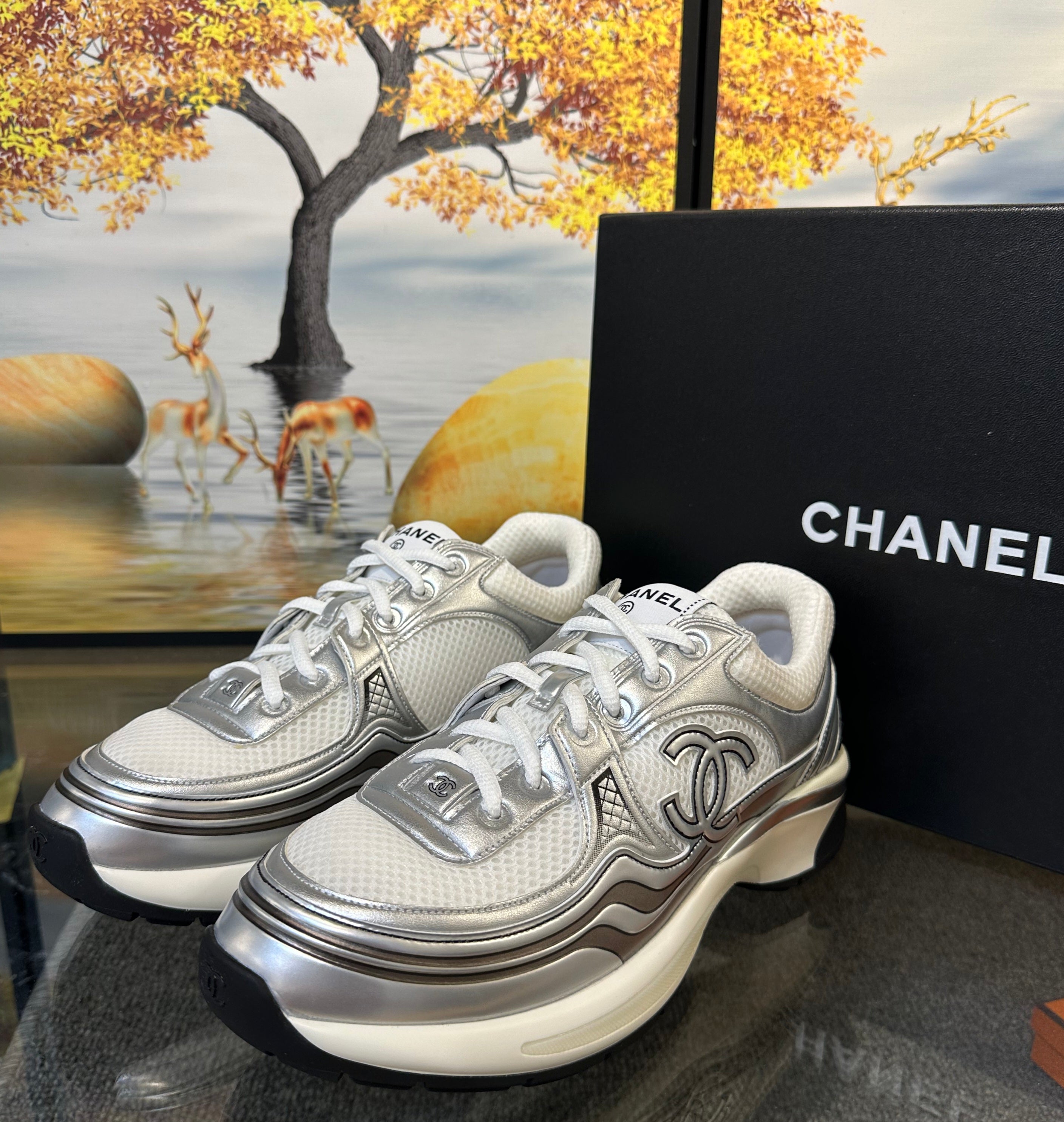 Chanel CC Logo Metallic Trainer (White/Silver)